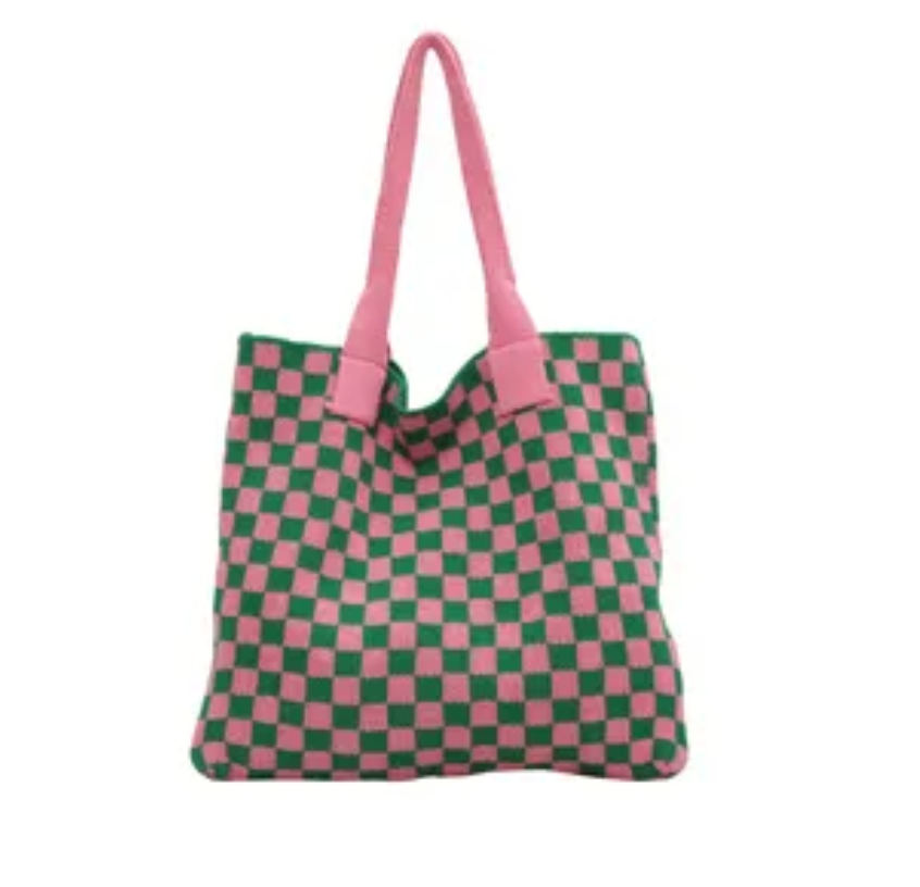 Big Checked Knit Bag with Handles