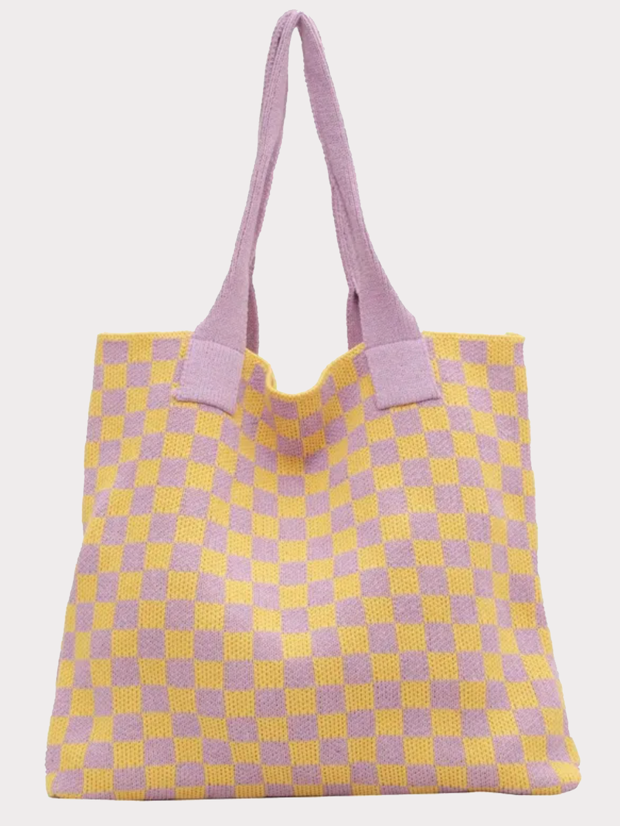 Big Checked Knit Bag with Handles